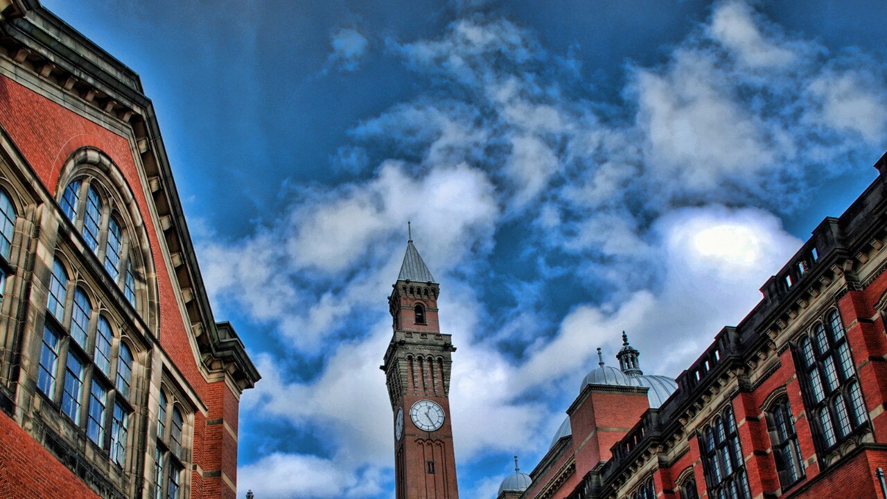 Brick building and clock tower