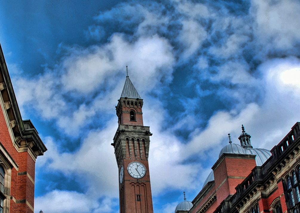 Brick building and clock tower