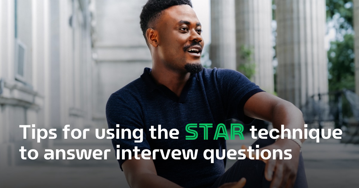 Man sitting on steps captioned "tips for using the STAR technique to answer interview questions"