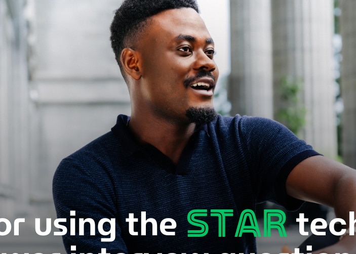 Man sitting on steps captioned "tips for using the STAR technique to answer interview questions"