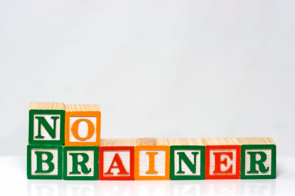 Children's alphabet blocks spelling "no brainer"