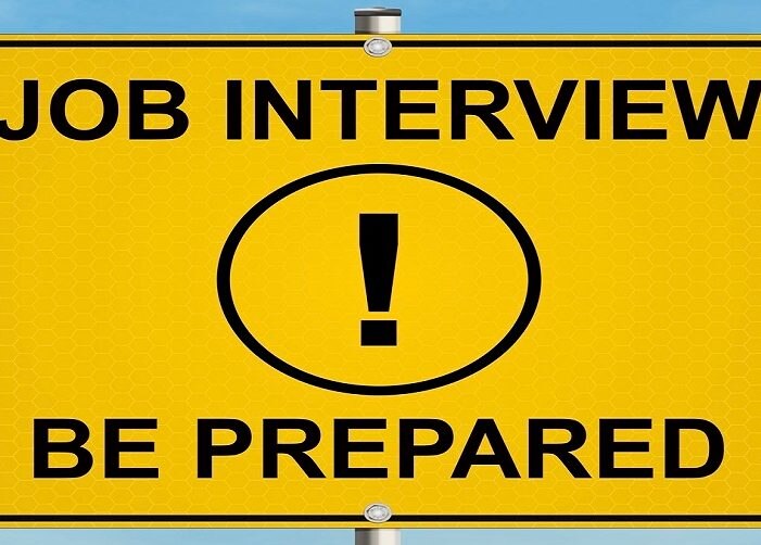 Road sign with exclamation point that says "Job interview. Be prepared."