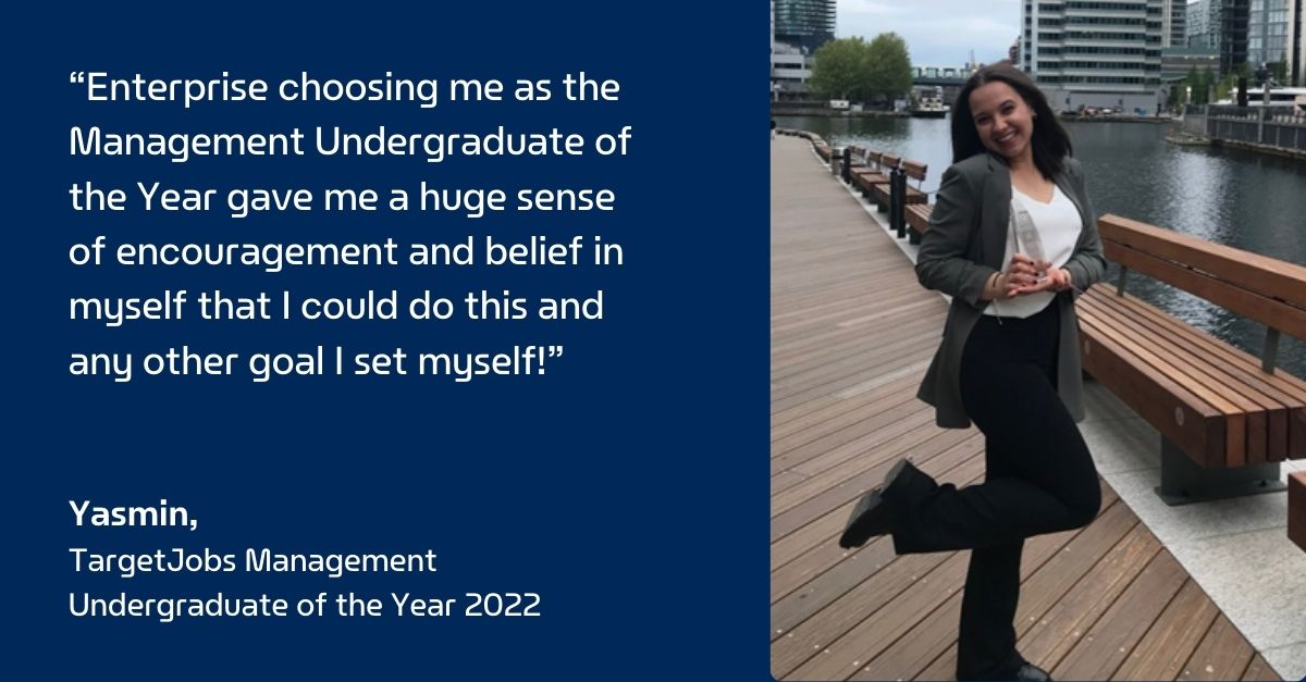 Yasmin on a dock with her trophy accompanied by a quote on a blue background