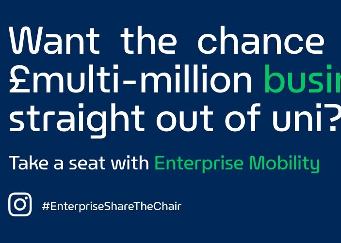"want the chance to run a multi-million business straight out of uni?" on a blue background